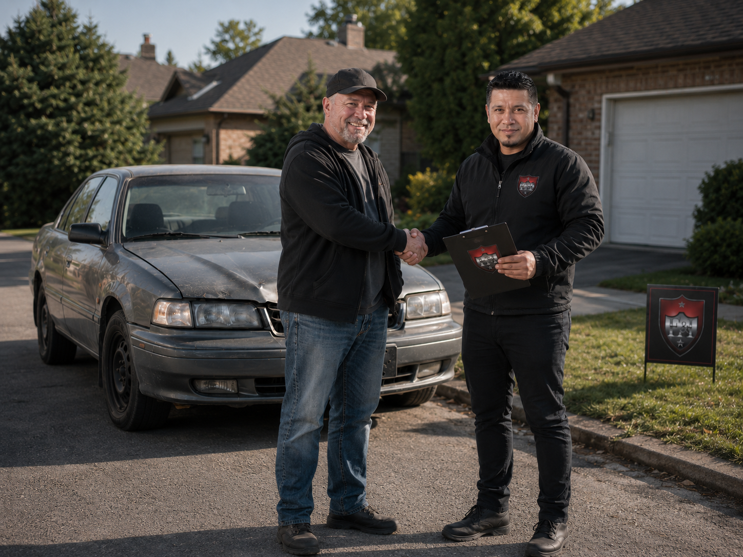 Vehicle seller shaking hands after a car review