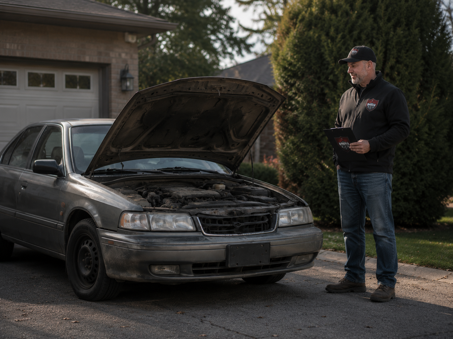 Older car with hood open during vehicle review
